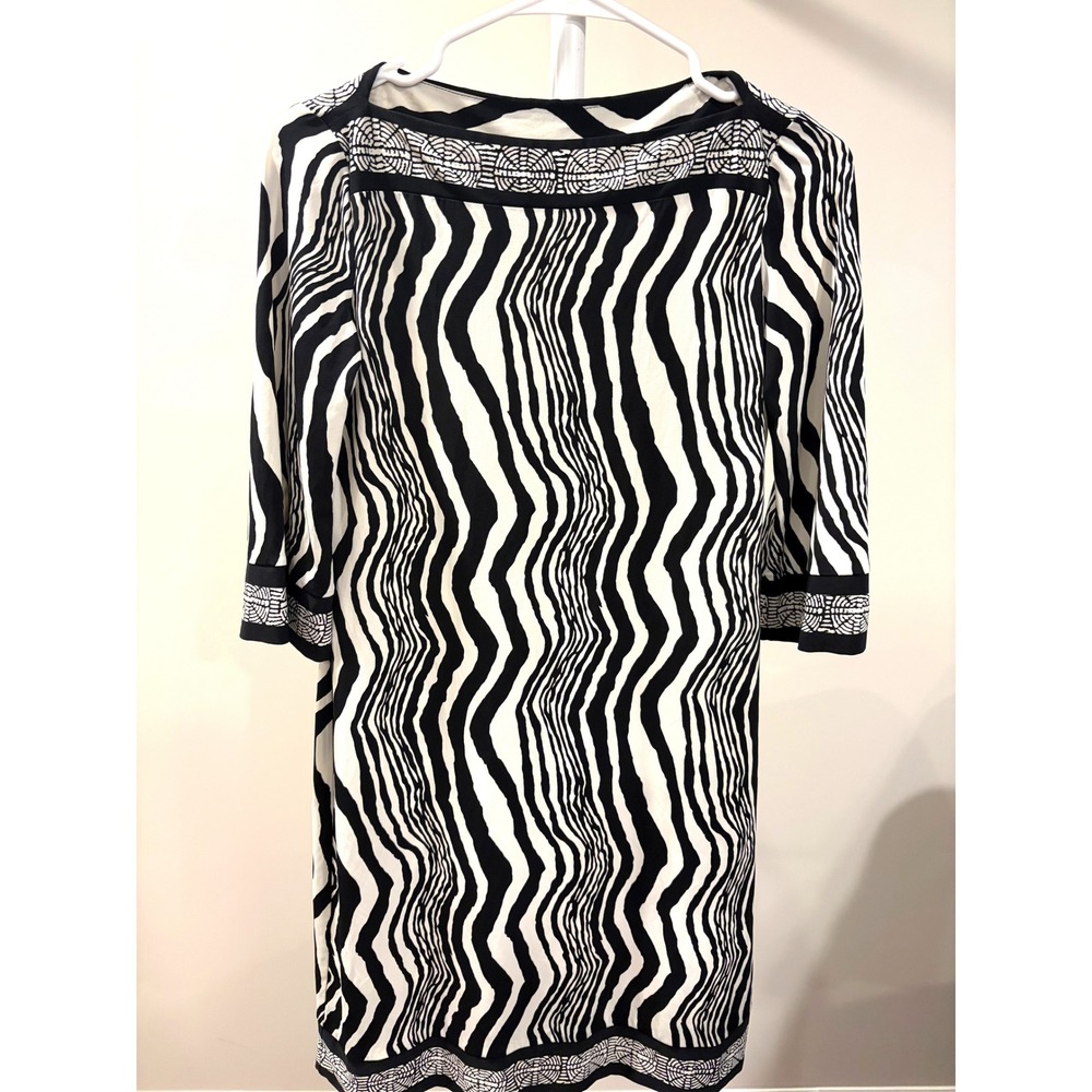 Vintage Y2K Mod Geometric Wave Dress 4 Black White‎ Optical Zebra Boatneck Shift